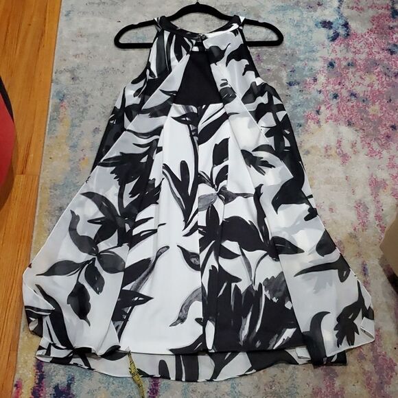 Vince Camuto Black & White Floral Dress with Sheer Sheath Overlay Size 12 - Picture 11 of 16